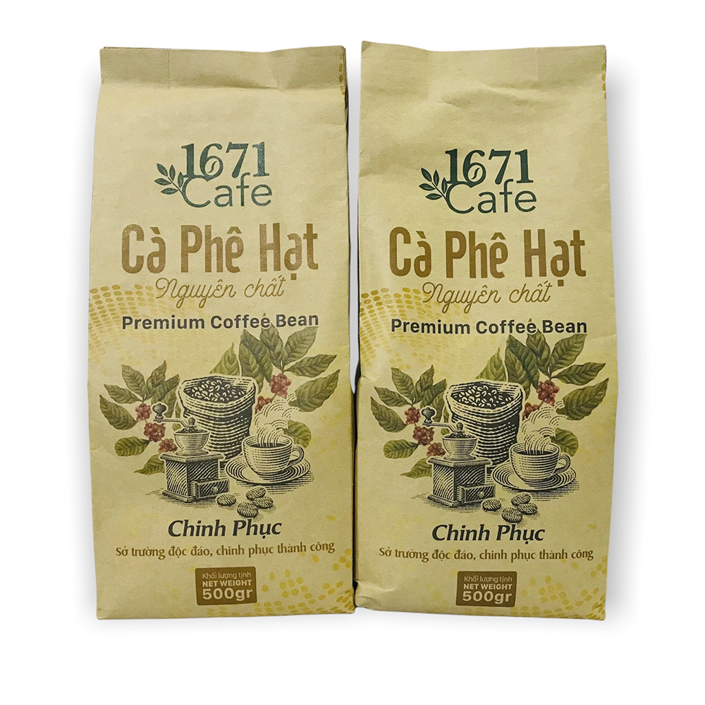 Combo 2 Túi Cà phê nguyên hạt 1671 Cafe Chinh Phục - 500gr/túi - Cà phê hạt nguyên chất Arabica Robusta Moka - Cà phê chất lượng.